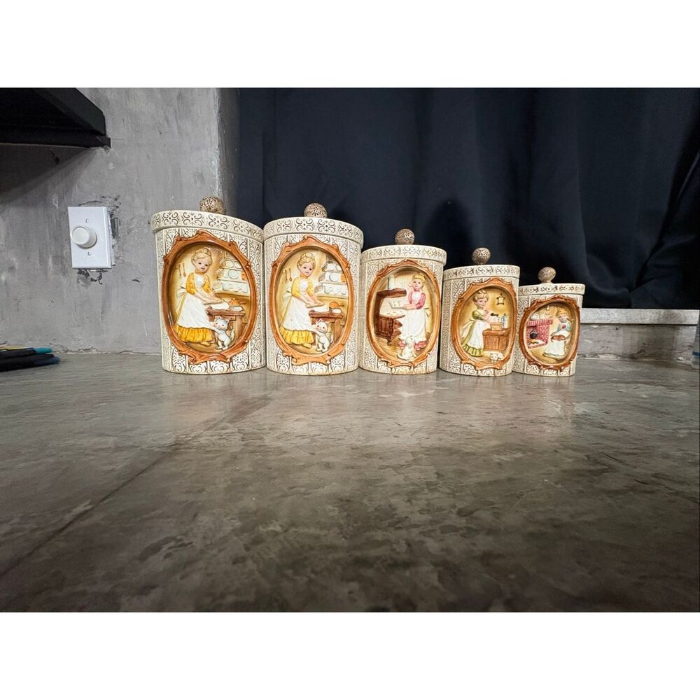 Vintage Sears Roebuck Ceramic Kitchen Canister Set 1978 Japan Raised Relief 5 Pc